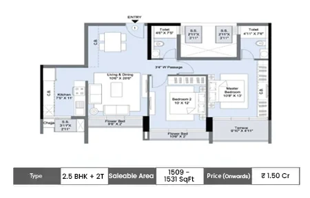 Sattva Vasanta Skye 2.5 BHK floor plan, 1509 sq ft carpet area